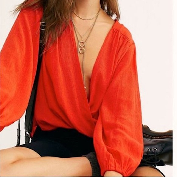 ❤️ Gorgeous Free People Red Long Sleeve Blouse Small - Picture 3 of 9